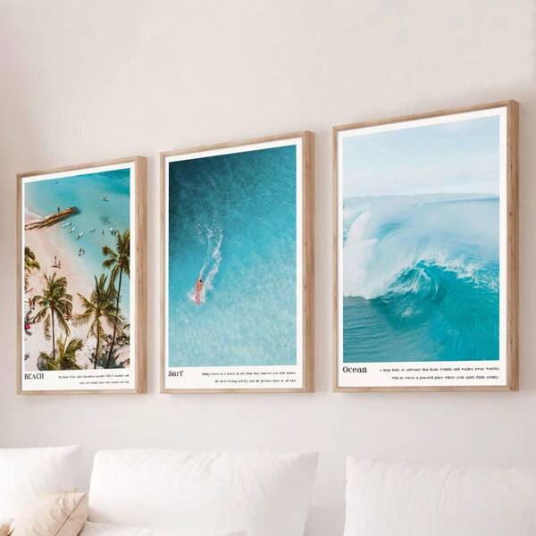 Juego de 3 carteles de lienzo con impresión de paisaje costero tropical de verano, olas oceánicas, surf, arte de pared, pintura de paisaje marino sin marco para decoración minimalista moderna de dormitorio, sala de estar, apartamento, habitación de universidad