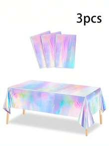 3pcs Rainbow Plastic Tablecloth Shining Disposable Laser Tablecloth Glitter Holographic Aluminum Foil Tablecloth, Suitable For Birthday, Wedding, Party, Picnic, Buffet, Holiday Decoration
