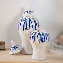1pc Blue & White Decorative Ceramic Ginger Jar With Lid, Fireplace, Living Room, Study, Dining Table Centerpiece Decor, Modern Home Accent (2 Size Options)