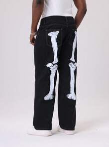 [US Warehouse]Halloween Skeleton Stitched Washing Jean High Street Men's Calf Jeans Straight - 深灰色 - 查看 5