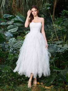 Elegant Minimalist Midi Dress With Polyester Tulle & Cascading Tulle Skirt | Wedding Guest Dress For Bridesmaid Events & Nature-Inspired Weddings & Summer Garden Parties - White - View 8