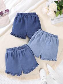 3pcs Girls Denim Shorts With Ruffle Hem Decoration, Casual Street Style, Multicolor - Multicolor - View 2