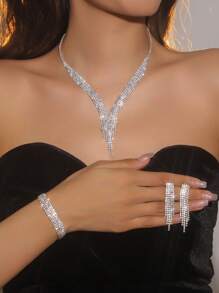 4-Piece Women's Elegant Jewelry Set, Featuring A V-Shaped Design With Sparkling White Rhinestone Necklace And Earrings, Suitable For Wearing Jewelry Gifts At Banquets, Parties, And Weddings