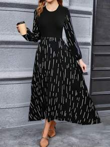 Nuevos Vestidos Casuales Femeninos de Otoño,Vestidos largos de mujer y diseño de patchwork con volantes en el dobladillo y cintura con lazo incorporado de estampado floral conjunto que,elegante fiesta de noche cómodo,Casuales versátiles de nueva temporada de otoño - Negro - Ver 5