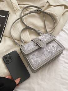 Classic Floral Print Women's Small Square Handbag - Grey - View 8