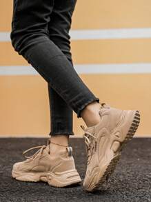 女士复古卡其色拼布前系带厚底厚底运动鞋，户外流行轻便防滑百搭舒适休闲情侣运动鞋 - 卡其色 - 查看 7