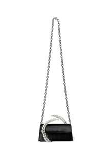 Elegant Satin Shoulder Bag, Women's Fashion 3D Rhinestone Handbag, Asymmetric Super Shiny Crystal Evening Clutch Bag, Lightweight Portable With Detachable Chain, Zipper Closure, Black, Polyester Lining, No Print, Not Washable - Black - View 5