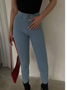 Jeans pitillo de cintura alta para mujer, mallas de cintura alta en lavado claro para uso casual y diario