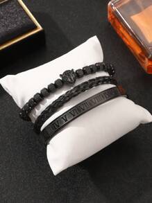 3pcs Crown Beaded Bracelet Set, Floral Pattern, Adjustable Length, Men's Accessory - 3-piece Set - View 8