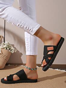 1 双女士时尚透气网眼露趾一脚蹬凉鞋，防滑耐磨软底沙滩拖鞋 - 黑色 - 查看 5