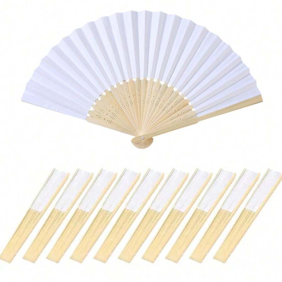 1 pieza/3 piezas/6 piezas/10 piezas Abanico plegable de papel en blanco, abanico de mano de bambú para baile, artesanía, boda, fiesta, unicolor personalizado para decoración del hogar