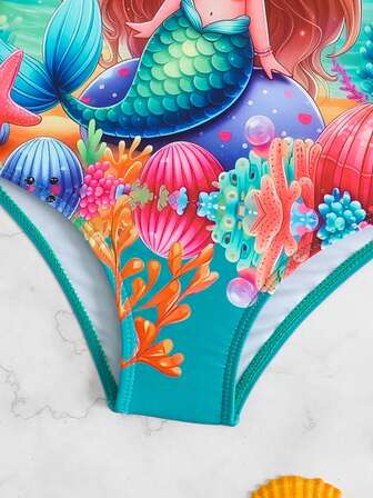 Traje de baño de una sola pieza con estampado de sirena lindo para niña joven de manga larga