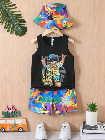 2 件装年轻男孩酷熊口号印花圆领无袖背心和拼色椰子树全身印花短裤套装，适合夏季户外、休闲、度假、运动、日常穿着
