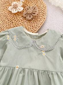 Váy dài tay thêu cổ Peter Pan cho bé gái, trang phục cho trẻ mới biết đi vào mùa xuân và mùa thu - màu xanh lá - Xem 4