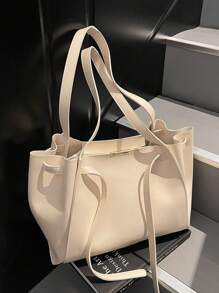 1 件女士纯色 PU 皮革手提包，大容量时尚单肩包适合通勤和日常装扮