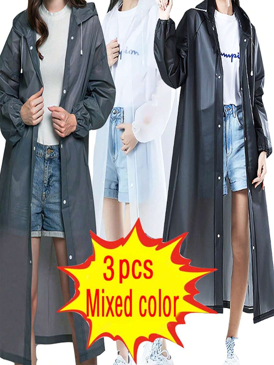 3pcs Mixed Color Black/White/Gray Button Design Waterproof Casual Outdoor Hiking Rain Jacket, Thickened Fashionable Lightweight Open-Front Travel Raincoat