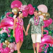 Set de 140 piezas para arco y guirnalda de globos con diseño tropical de flamencos, con globos de látex en color rosa intenso, verde oscuro y rosa claro, además de globos de papel de aluminio con diseño de flamencos, para decoración de fiesta de cumpleaños de playa, estilo hawaiano o luau de verano