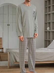 2 pièces Ensembles de pyjama pour hommes, Top à manches longues et pantalon long, motif à carreaux mode, vêtements de détente casual pour le printemps, l'automne et l'hiver, avec poche, col rond, tissu tricoté élastique, vêtements d'automne