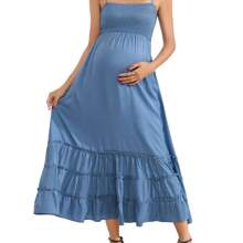 Women's Sleeveless Maternity Dress Summer Spaghetti Strap Smocked Tiered Flowy Maxi Dress For Baby Shower Photoshoot
