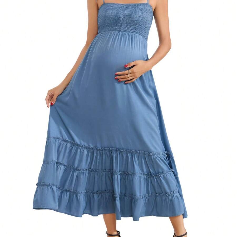 Women's Sleeveless Maternity Dress Summer Spaghetti Strap Smocked Tiered Flowy Maxi Dress For Baby Shower Photoshoot