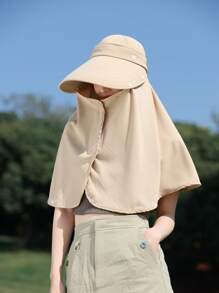 1pc Solid Color Large Brim Hat With Detachable Face Mask, Shoulder Cape For Sun Protection Polyester, Spring Season