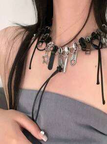 1 Stück Europäischer & Amerikanischer Reißverschluss Pentagramm Seil Mehrfach Design Anhänger Halskette. Luxuriöse & einzigartige Statement Halskette Choker für Frauen Männer, süß & heiß Mädchen Dekolletes Kette, geeignet für Party, beste Freunde, Paar Geburtstag Geschenk