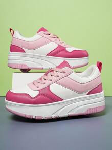 Fashionable Kids' Roller Skate Shoes, 4-Wheels Detachable Outdoor Student Skateboard Shoes, Casual Athletic Sneakers For Teenagers, Suitable For All Seasons - Hot Pink - View 7