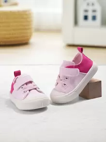 1 Pair Girls Pink Canvas Hook And Loop Strap Casual Flat Shoes, Simple Style Sweet Cute, Comfortable Breathable For Daily Outdoor Activities - Pink - View 2