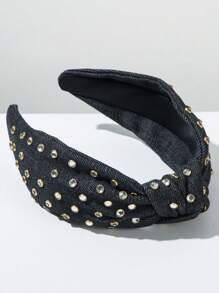 1 件牛仔布宝石珍珠装饰头带 - FG140-黑色 - 查看 2