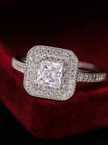 Anillo de boda de moda clásica, anillo de compromiso de plata esterlina S925 con corte de princesa y circonita cúbica para mujeres