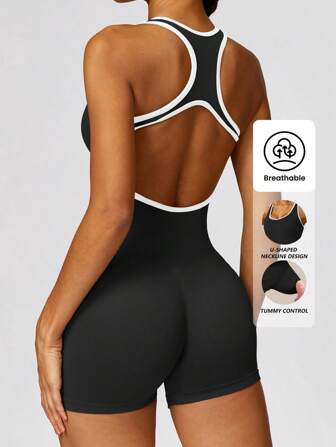 Yefecy Yoga Basic Solid Rib-Knit Seamless Sports Romper,Ribbed Solid Color Fashion Sports Jumpsuit,High Elastic Yoga Jumpsuit,Women's Activewear,Spring And Summer