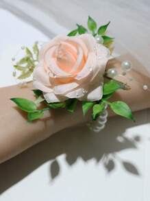 1pc Elegant Pink Korean Style Bridal Wrist Flower, Wedding Accessories, Bridesmaid Gift, Luxurious Pearl Chain Bracelet