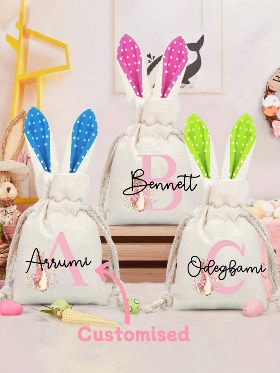 Customizable Easter Bunny Ear Gift Bag With Personalized Name, Handmade Canvas Package With Drawstring, Lightweight Polyester Linen Bag, Foldable Cookie And Candy Bag For Easter Party Decoration