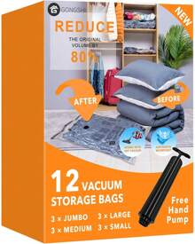 GONGSHI Vacuum Storage Bags (3 X Jumbo, 3 X Large, 3 X Medium, 3 X Small), Space Saver Sealer Compression Bags With Travel Hand Pump