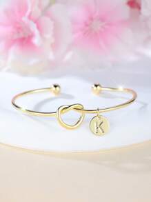 Tsnamer 1 pieza Brazalete con inicial dorada Brazalete con disco de nudo clásico con inicial de la A a la Z Brazalete personalizado de puño para mujer Joyería de uso diario