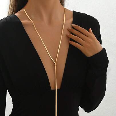 1pc Fashionable Stainless Steel 18K Gold Plated Luxury Elegant Minimalist Creative Versatile Extra Long Snake Bone Chain Y-Shape Adjustable Necklace, Suitable For Women To Wear On Gatherings, Romantic Vacations, Dates With Friends, Fashion Shows, Bars, Travels, Office Commutes, Vacations, Dancing, And Beach Trips