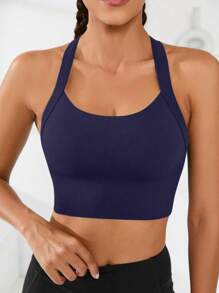 Seamless High-Elasticity And High-Support Sports Bra,Women Underwear Detachable Chest Pad With Cross-Strap Design,Women's Fitness Solid Color Simple Yoga Bra,Women Soft And Comfortable Sports Tops ,Multi-Color Options (Black/Brown/Blue/Hot Pink/Gray/Red) - 藏蓝色 - 查看 2