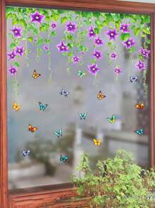 1 pieza Etiqueta autoadhesiva para ventana con patrón de flores silvestres y mariposas de colores, decoración de cristal, póster decorativo, decoración para habitación de niños/ventana del patio, calcomanía de pared de PVC removible