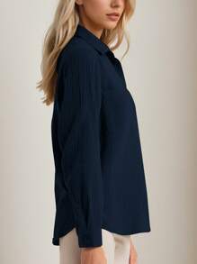 Womens Blouses,Blouses For Women Dressy Casual,Coats For Women,Blouses For Women Business Casual,Women's Pocket Long Sleeve Casual Cotton Shirt - 藏蓝色 - 查看 4