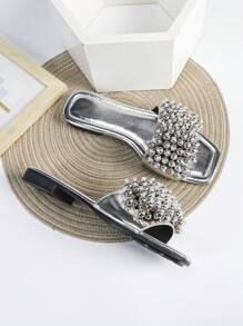 Sandalias de mujer hechas a mano con cuentas, cómodas para interiores y exteriores - Plateado - Ver 6