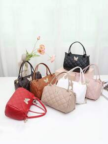 Butterfly Decor Pillow Bag, Girls Casual Shoulder Bag, Lightweight Hand Bag Cylinder Tote Bag - Coffee Brown - View 5