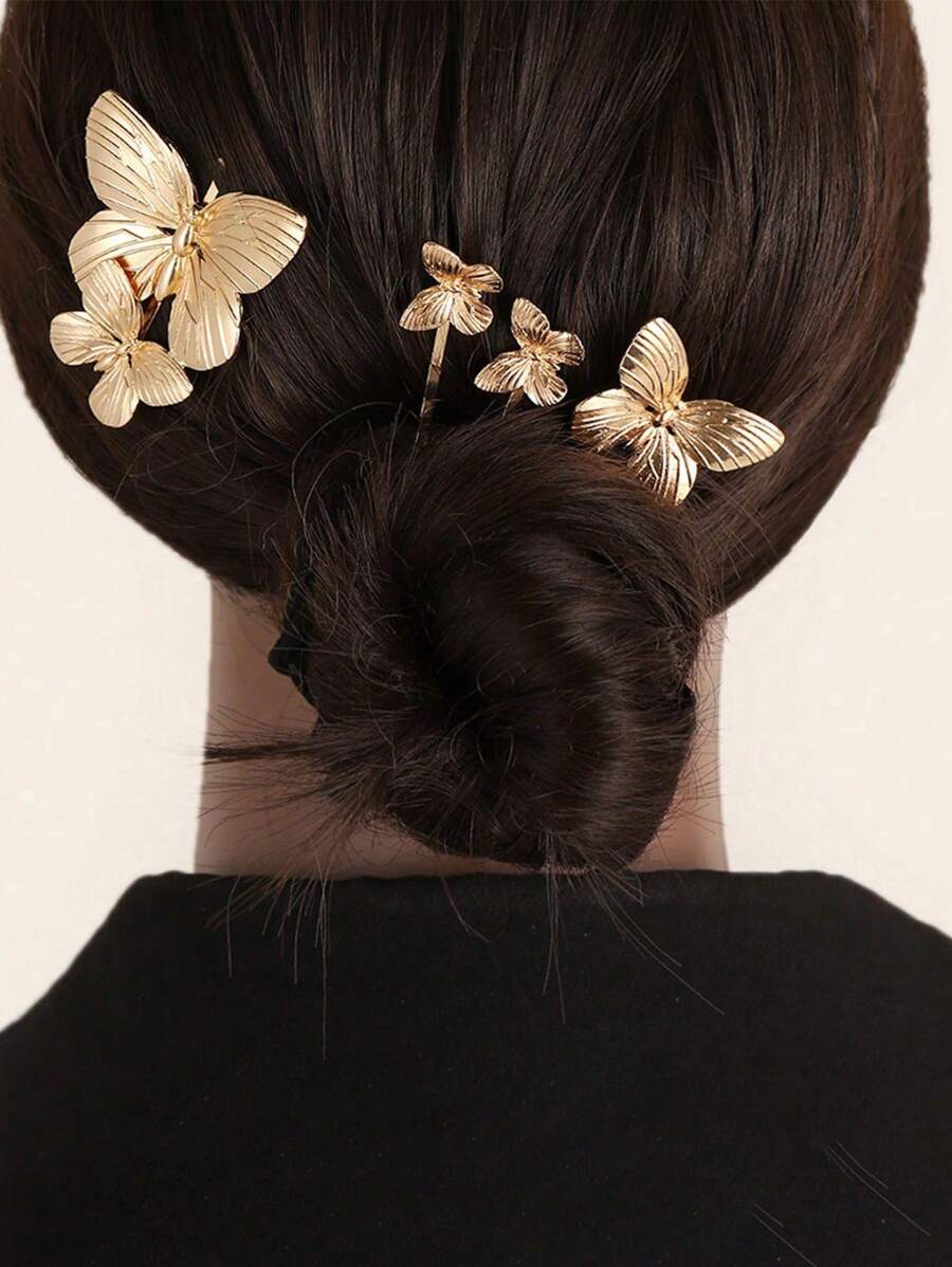 1pc/4pcs Gold/Silver Elegant Butterfly Hair Clips, Suitable For Summer Women Hair Updo Decor