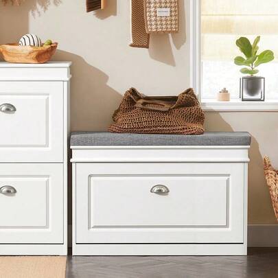 SoBuy Shoe Cabinet With Drop-Down Door, Shoe Bench With Seat Cushion, Shoe Chest, Bench, White, Approx. 75x51x24cm (WxHxD), FSR82-L-W