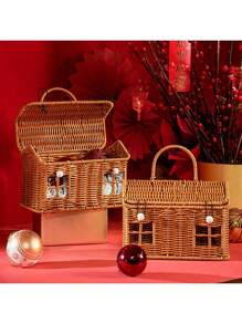 1 件创意房子形状收纳篮 - 复古编织礼盒 - 零食收纳篮 - 便携式手持 - 彩色 - 查看 6