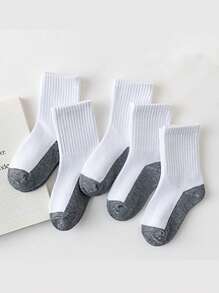 5 Pairs Kids White Sports Socks With Gray Bottom, Minimalist & Comfortable