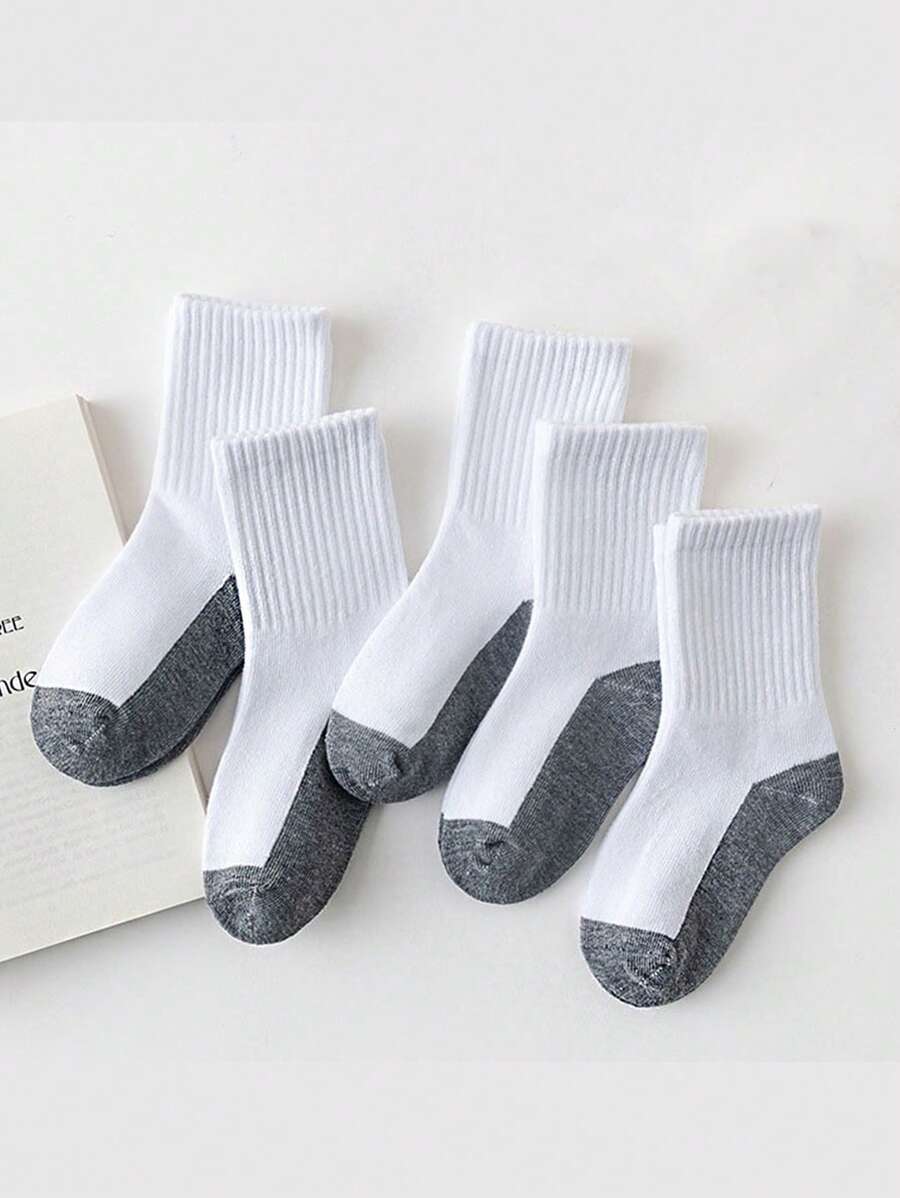 5 Pairs Kids White Sports Socks With Gray Bottom, Minimalist & Comfortable