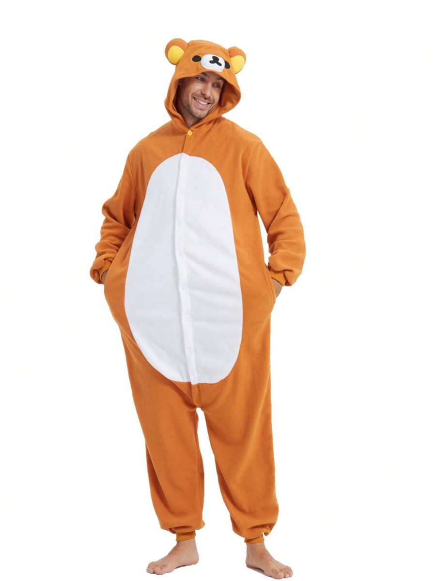 Adult Men's Velvet Cartoon One-Piece Pajamas, Autumn And Winter Thickened Animal One-Piece Pajamas, Hooded Velvet Warm Home Clothes, Halloween Costumes, Christmas Role-Play Party Costumes - 芥末黃 - 查看 1