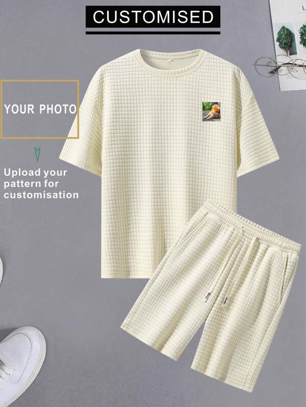 Maßgeschneiderter Frühlings-/Sommer-Herrensportanzug, Foto hochladen um Freund-Stil Herren Set zu gestalten, gestrickter Jacquard Karostoff, bequem dehnbar, Gummizugbund mit Taschen, personalisiertes grafisches Design - füge dein eigenes Foto (Selfie/Familie/Paar/Haustier/Freund) für benutzerdefinierten Muster hinzu