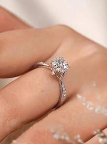 1pc S925 Sterling Silver Ring Inlaid With Synthetic Zirconia Geometric Design, Elegant Quality Jewelry For Women, Wedding, Engagement, Gift For Loved One