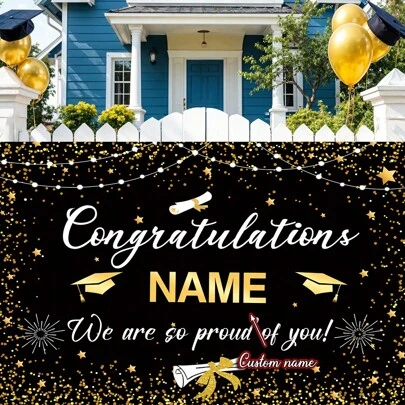 1pc Customizable Graduation Party Banner With Shiny Mortarboard & Star Pattern, Polyester Material, Personalized Name Banner For Schools, Classrooms, Home Wall & Yard Decor, 3 Size Options,Wedding Essentials,Customized Banners & Pennants,Warm Ambience,Party Top ,Easy-Install